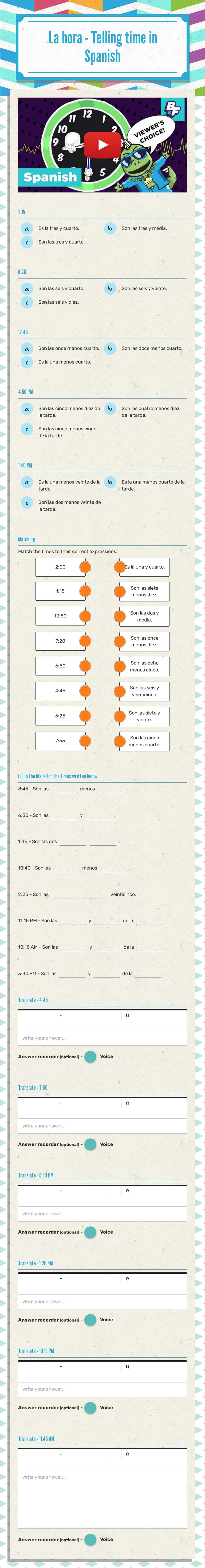 La hora - Telling time in Spanish worksheet preview image