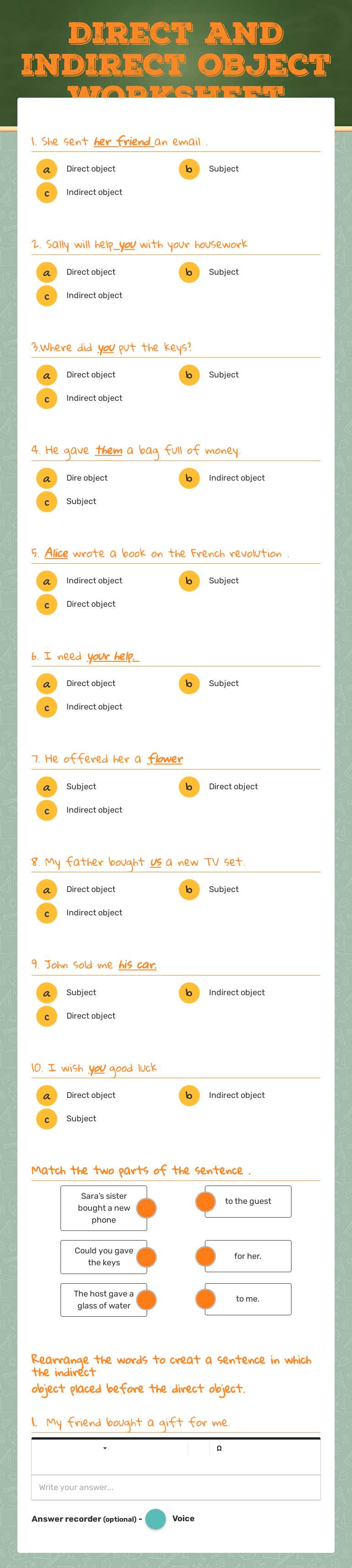 Direct and indirect object worksheet worksheet preview image