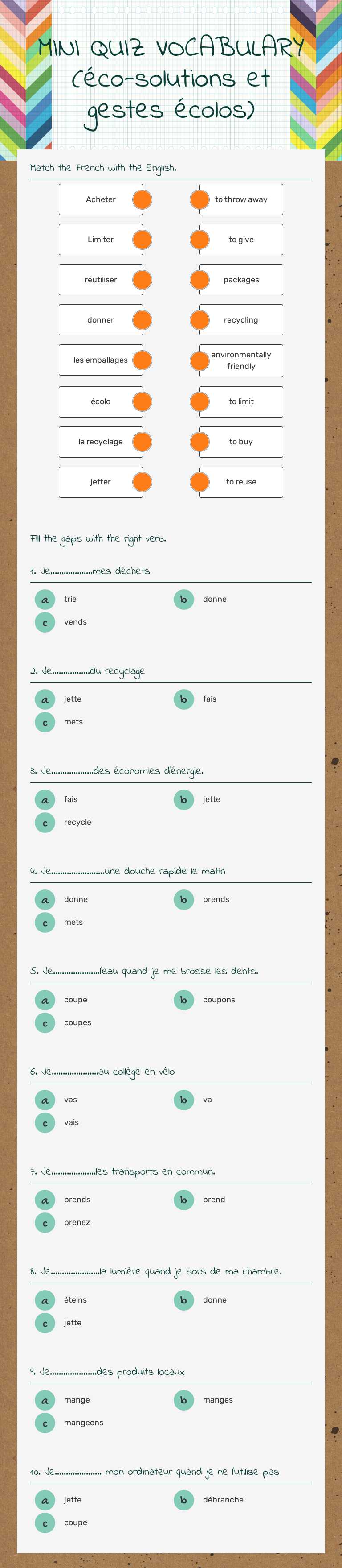 MINI QUIZ VOCABULARY (éco-solutions et gestes écolos) worksheet preview image