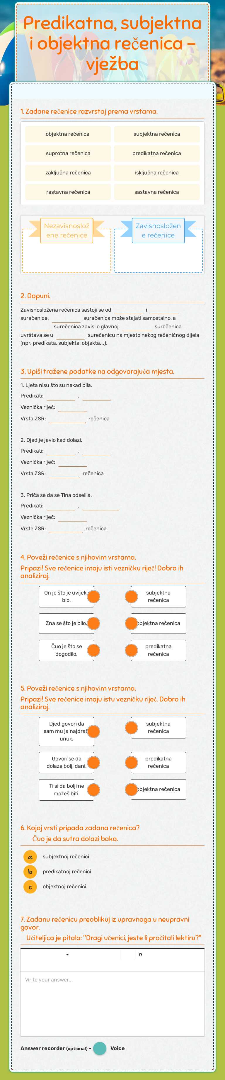 Predikatna, subjektna i objektna rečenica - vježba worksheet preview image