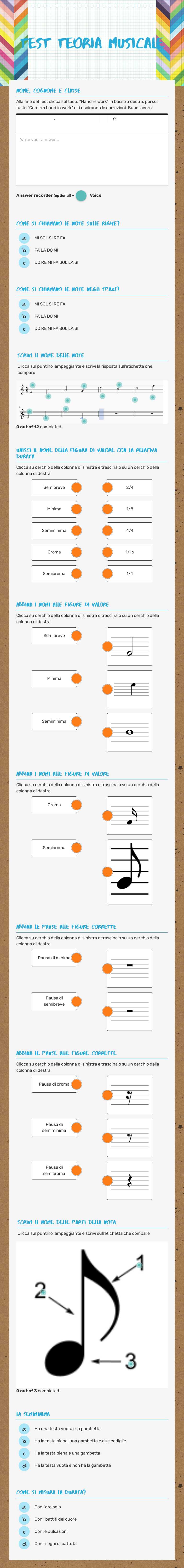 Test teoria musicale worksheet preview image