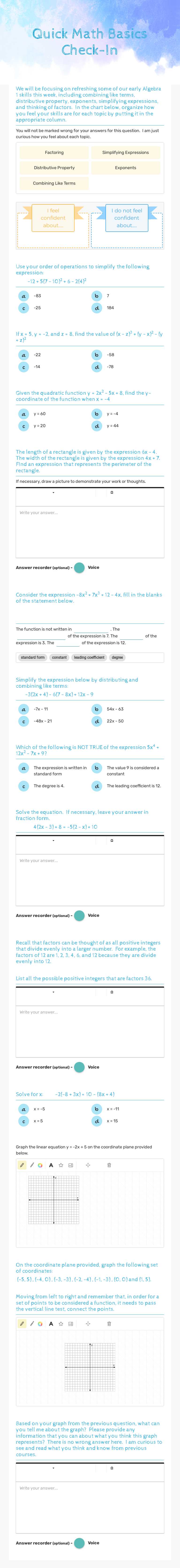 Quick Math Basics Check-In worksheet preview image