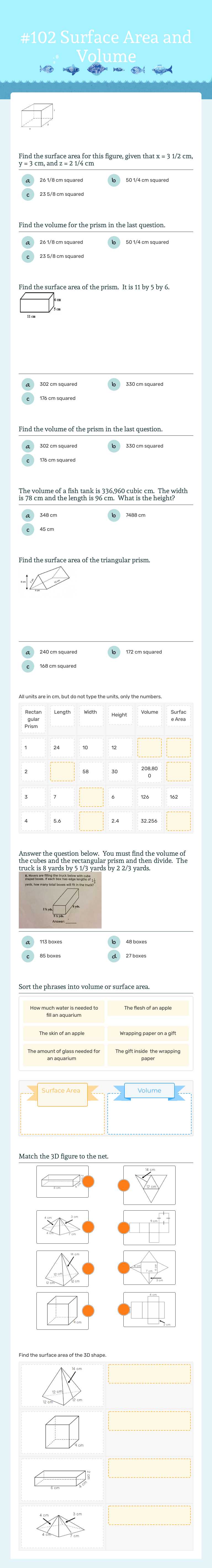 #102 Surface Area and Volume worksheet preview image