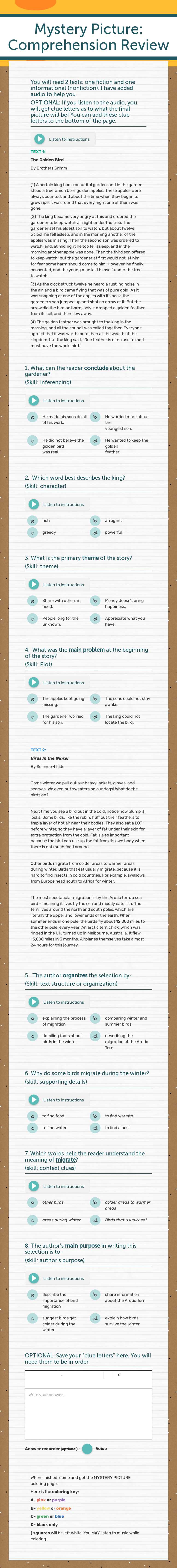 Mystery Picture:               
               Comprehension Review worksheet preview image