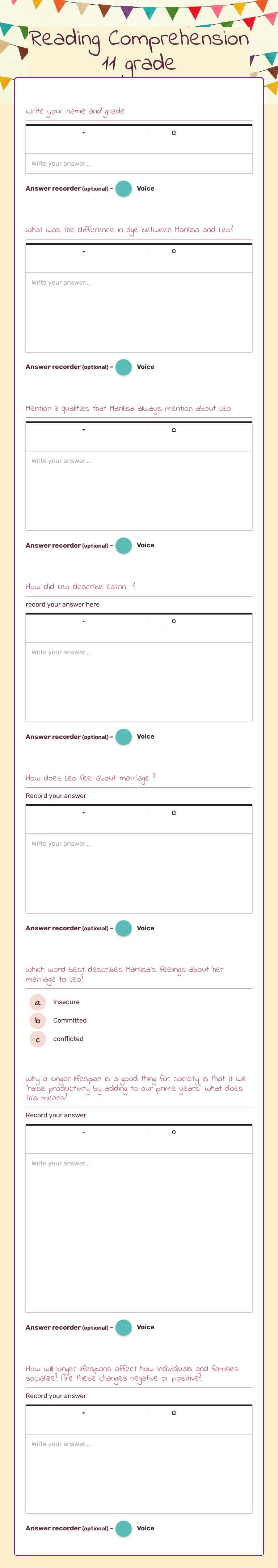 Reading Comprehension 11 grade worksheet preview image