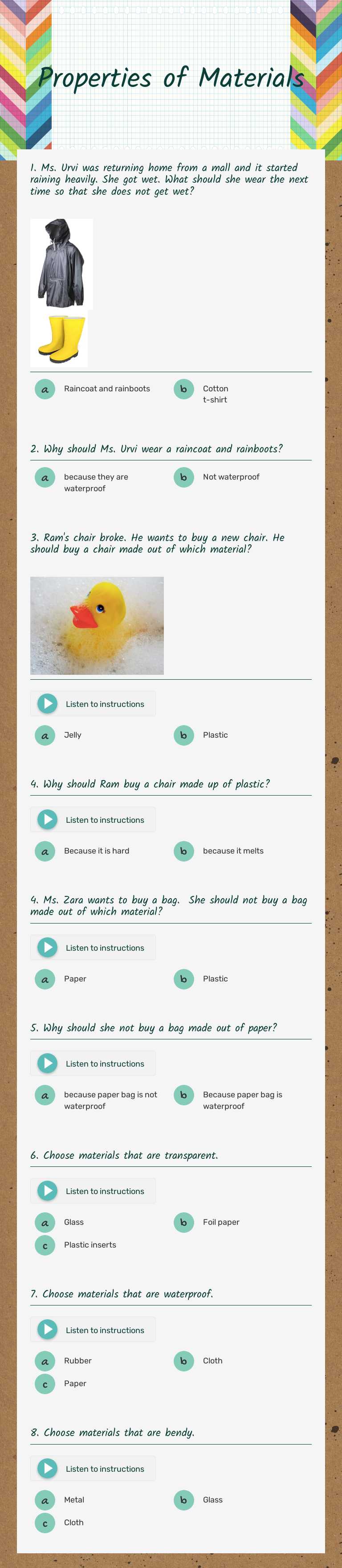 Properties of Materials worksheet preview image