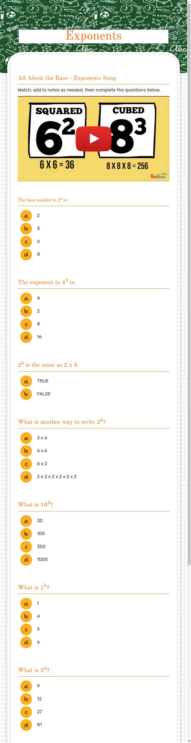 Exponents worksheet preview image