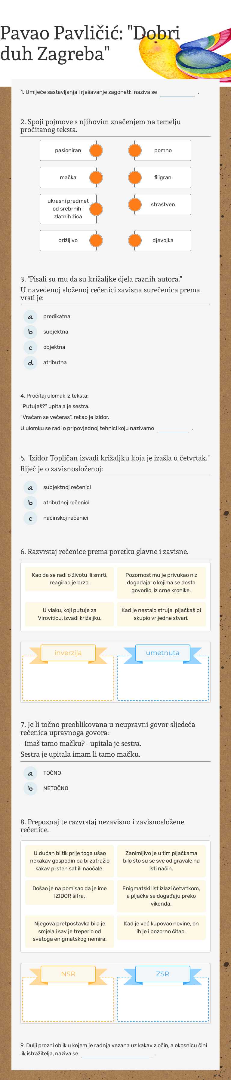 Pavao Pavličić:      
 "Dobri duh Zagreba" Grade 7 worksheet preview