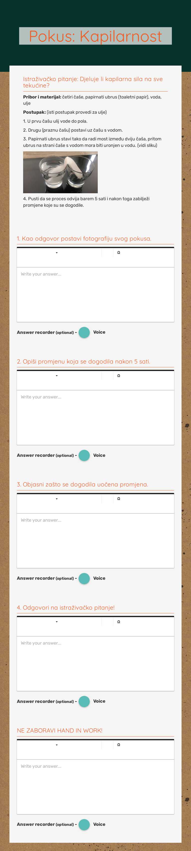 Pokus: Kapilarnost Grade 7 worksheet preview