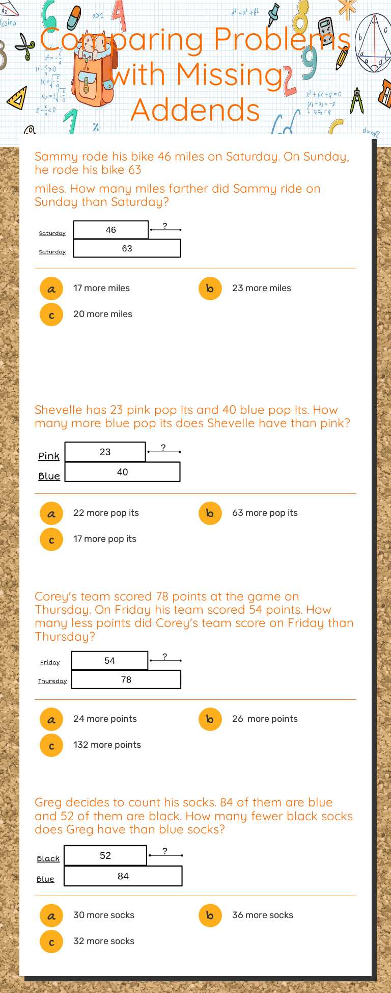 Comparing Problems with Missing Addends worksheet preview image