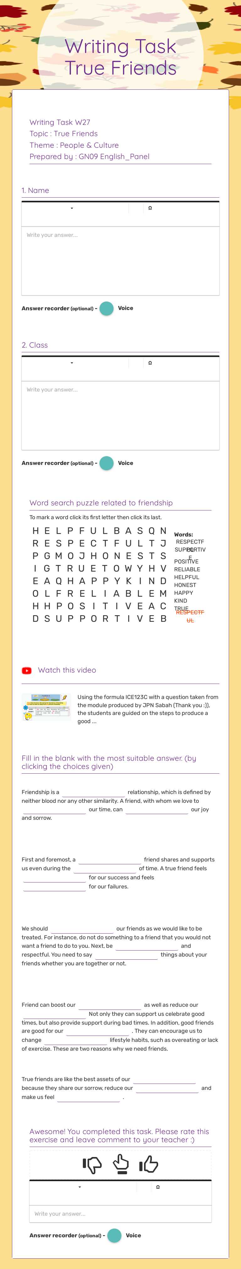 Writing  Task 
True Friends worksheet preview image