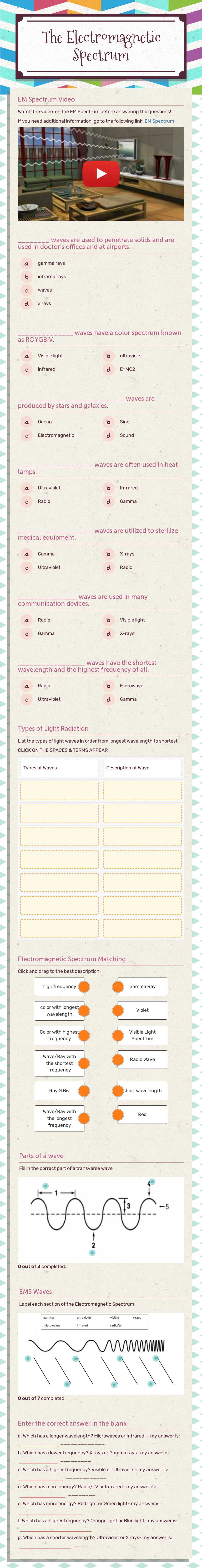The Electromagnetic Spectrum Grade 10 worksheet preview