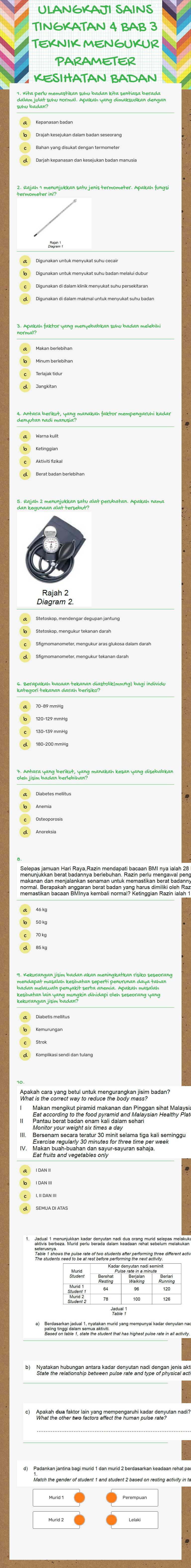 ULANGKAJI SAINS 
               TINGKATAN 4                      
             BAB 3           
 TEKNIK MENGUKUR PARAMETER KESIHATAN BADAN worksheet preview