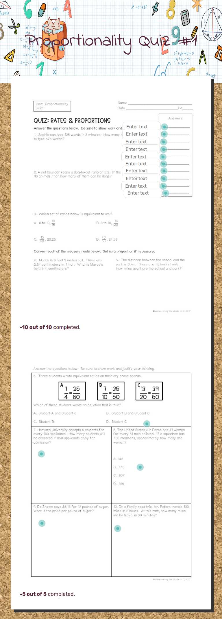 Proportionality Quiz #1 Grade 7 worksheet preview