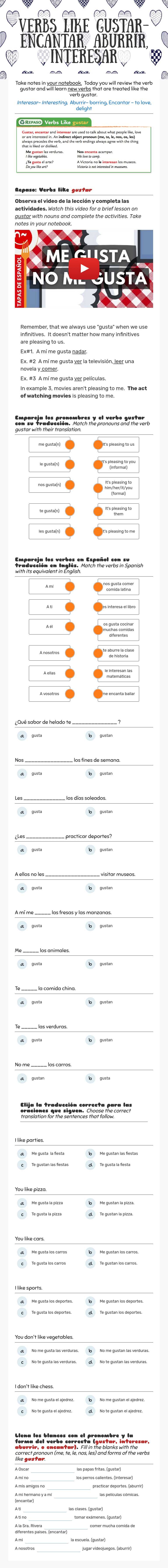 Verbs like gustar- Encantar, aburrir, interesar worksheet preview image