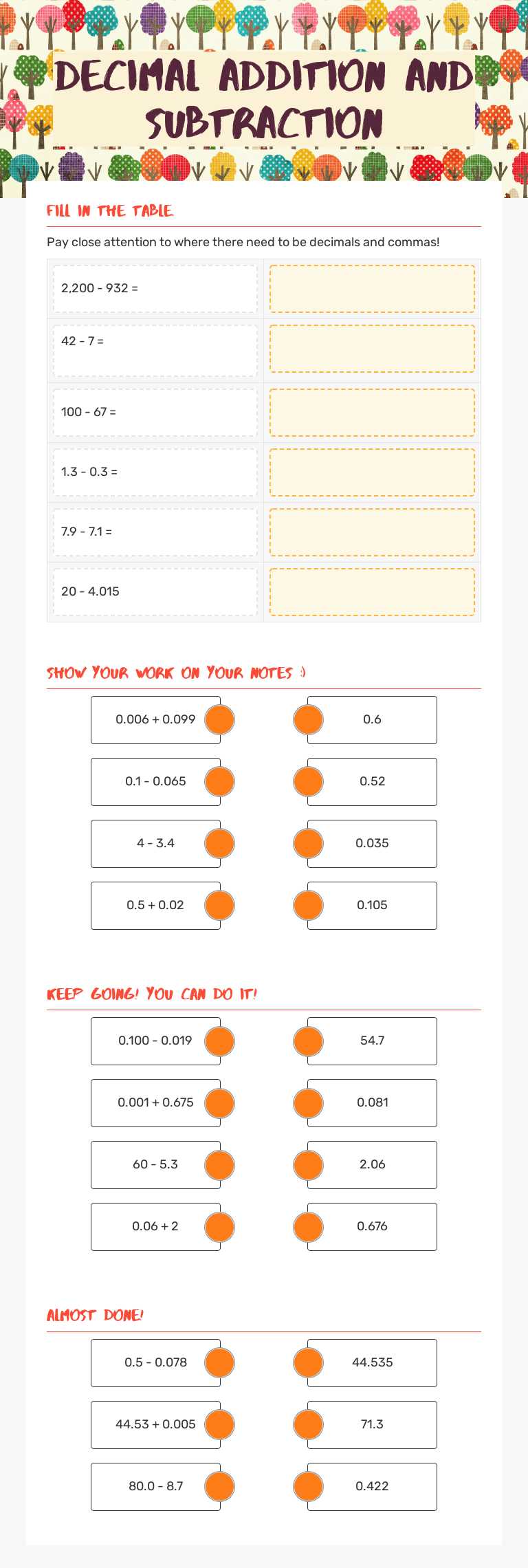 Decimal Addition and Subtraction worksheet preview image