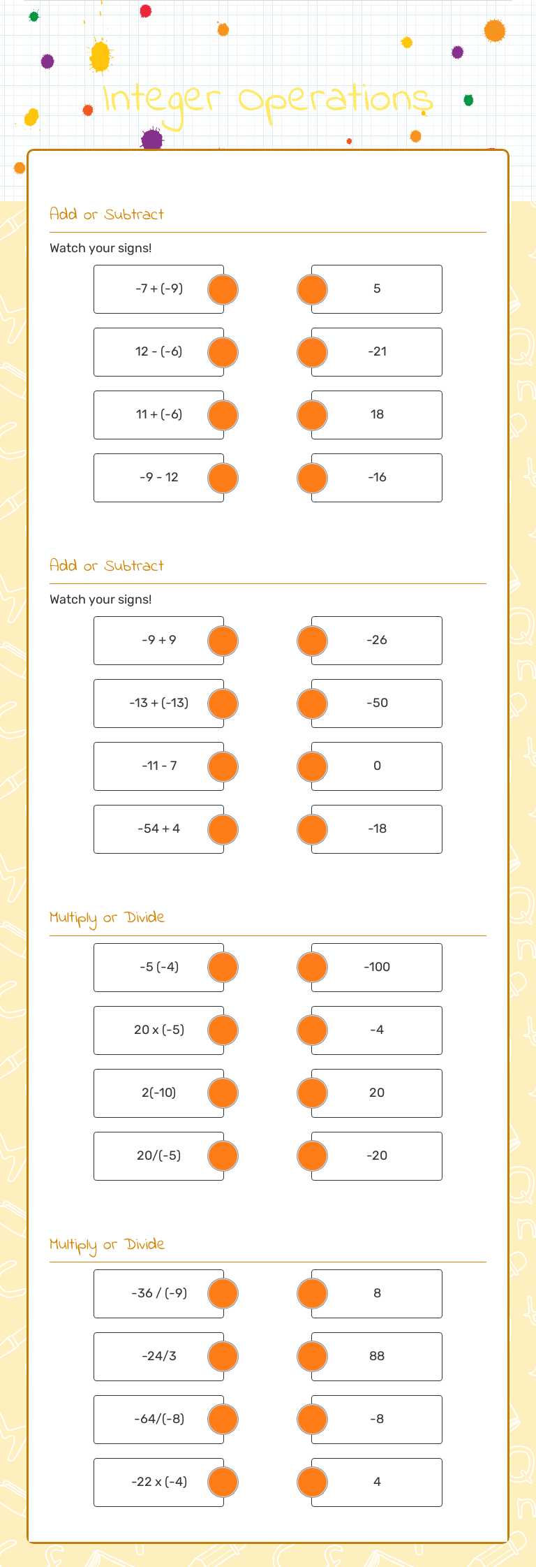 Integer Operations worksheet preview image