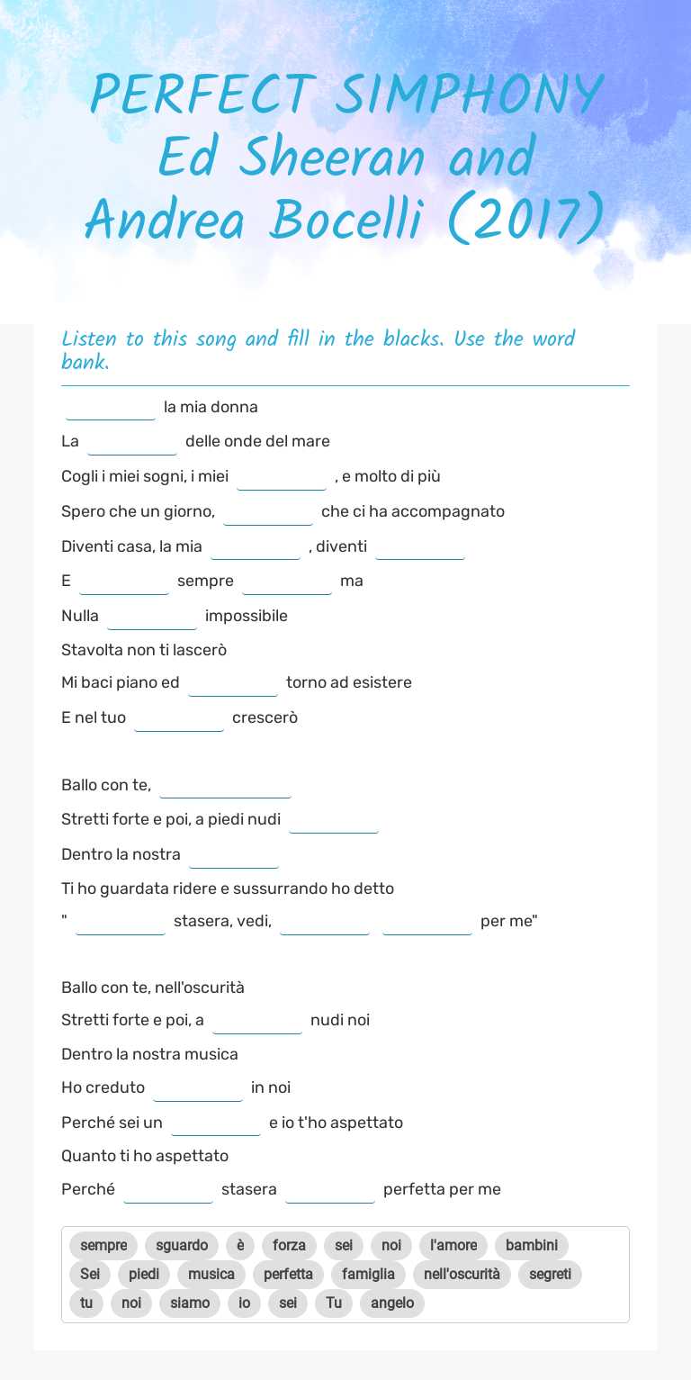 PERFECT SIMPHONY          
 Ed Sheeran and Andrea Bocelli (2017) worksheet preview image