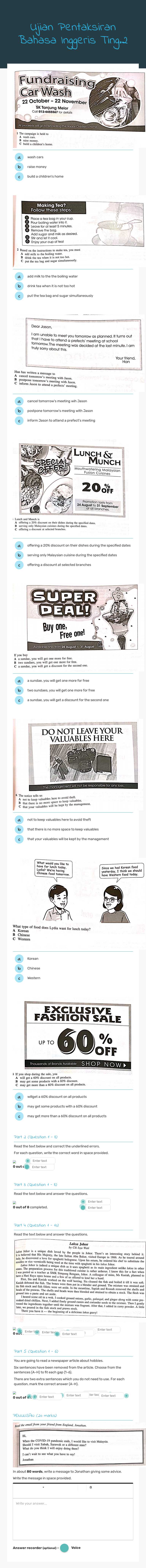 Ujian Pentaksiran Bahasa Inggeris Ting.2 worksheet preview image