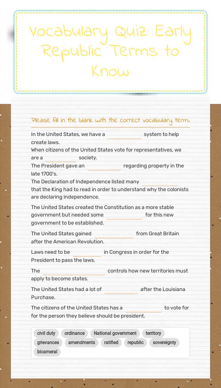 Vocabulary Quiz: Early Republic Terms to Know Grade 7 worksheet preview