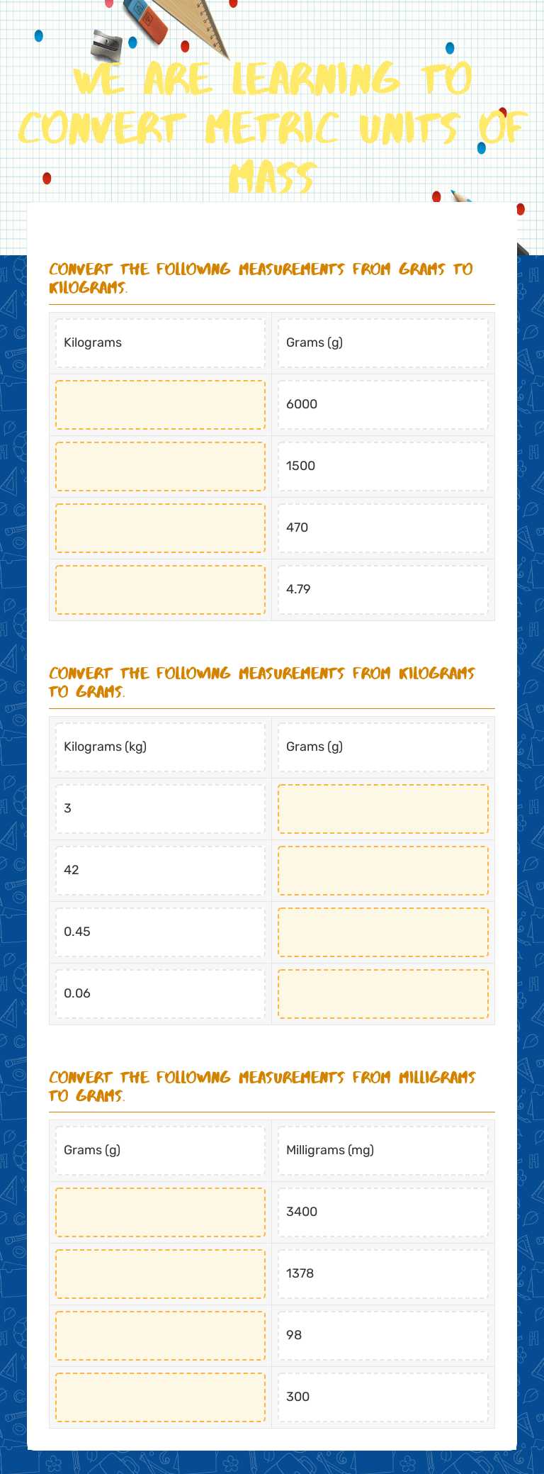 We are learning to convert metric units of mass Grade 5 worksheet preview