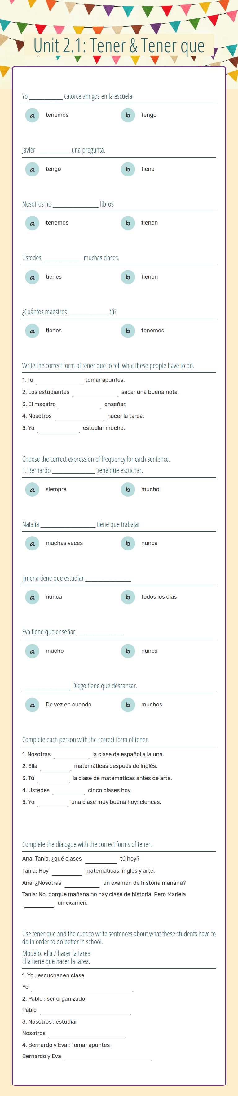Unit 2.1: Tener & Tener que worksheet preview image