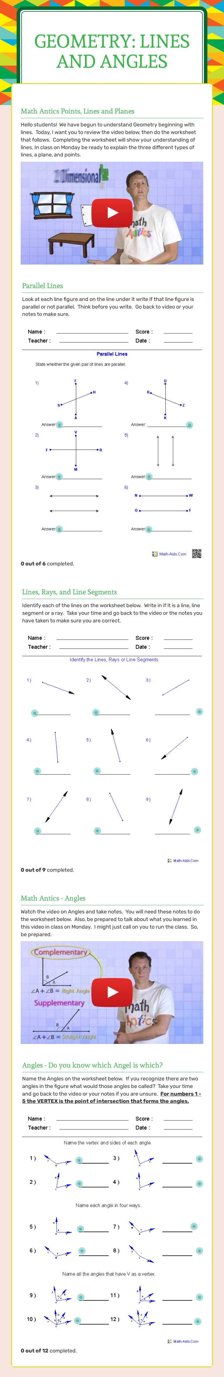 Geometry: Lines and Angles worksheet preview image