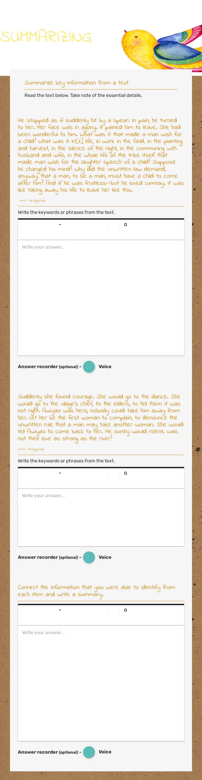 SUMMARIZING worksheet preview