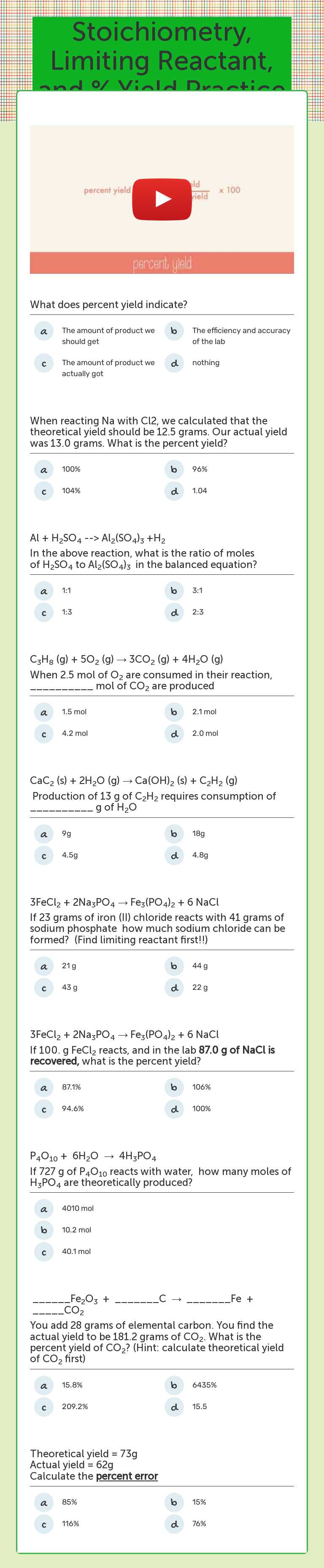 Stoichiometry, Limiting Reactant, and % Yield Practice Grade 10 worksheet preview