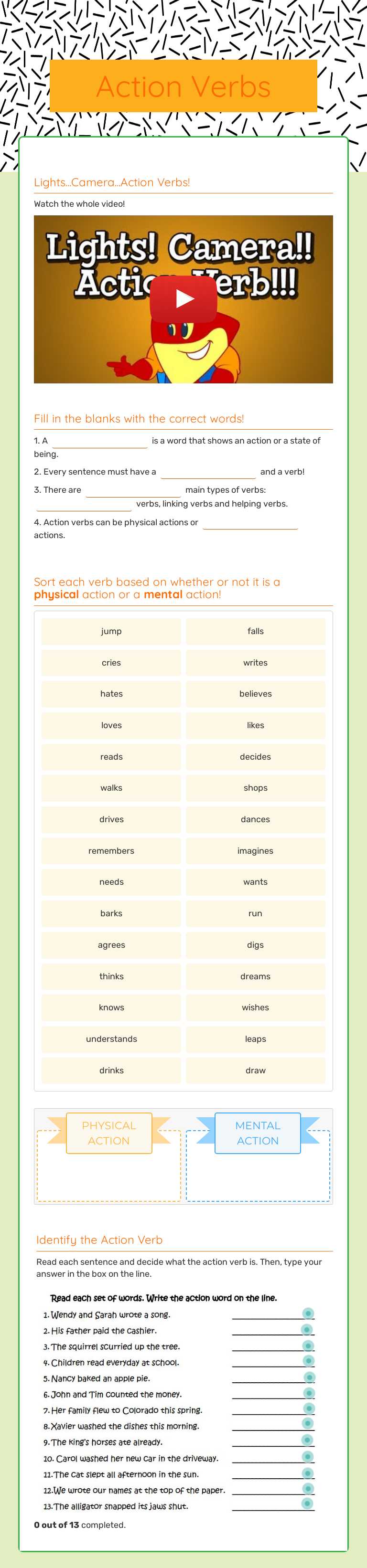 Action Verbs worksheet preview image