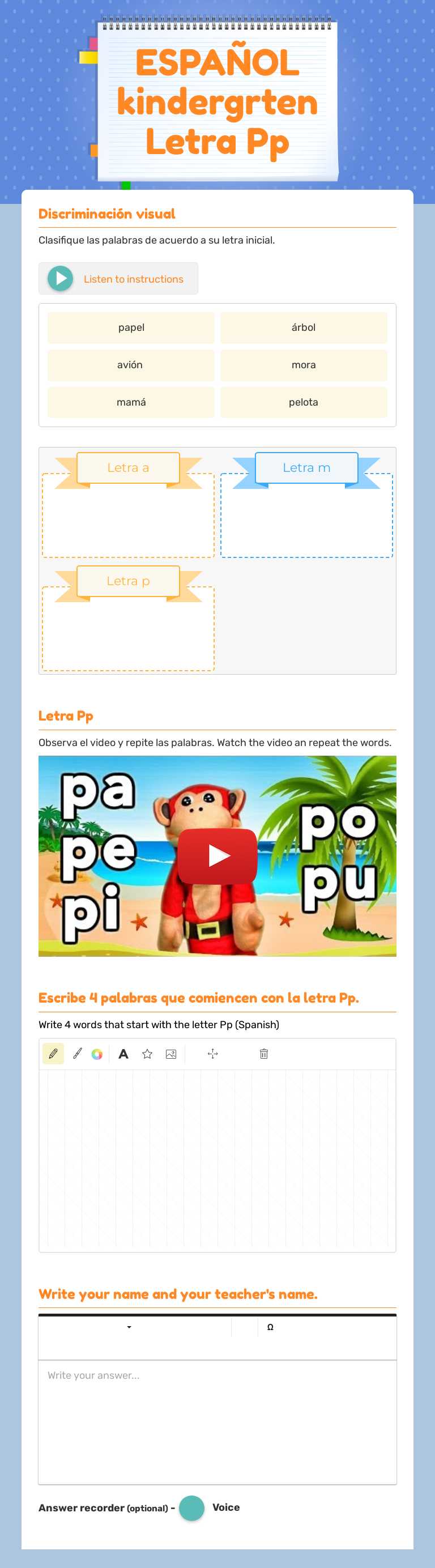 ESPAÑOL kindergrten Letra Pp Grade 1 worksheet preview