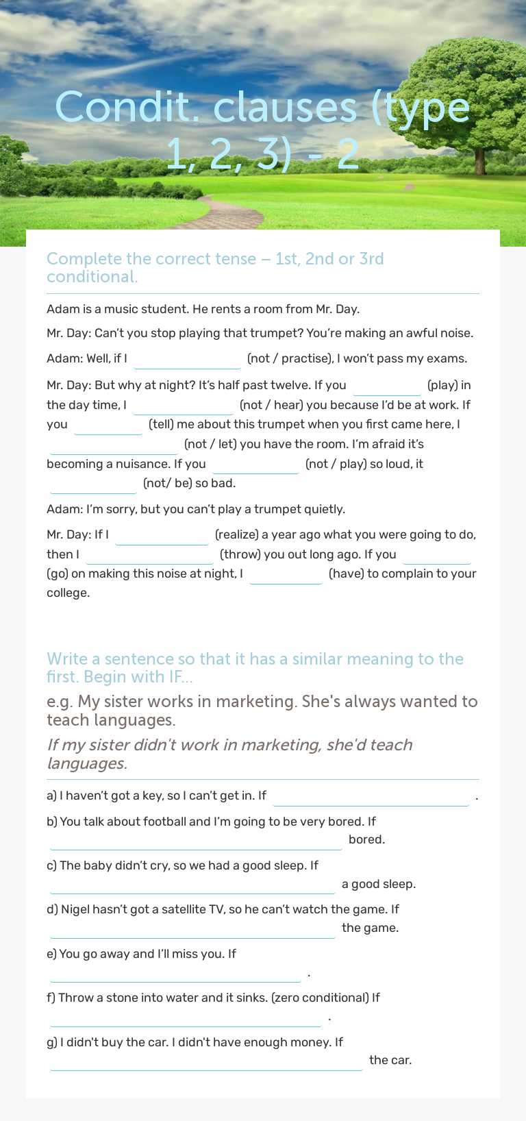 Condit. clauses (type 1, 2, 3) - 2 Grade 12 worksheet preview