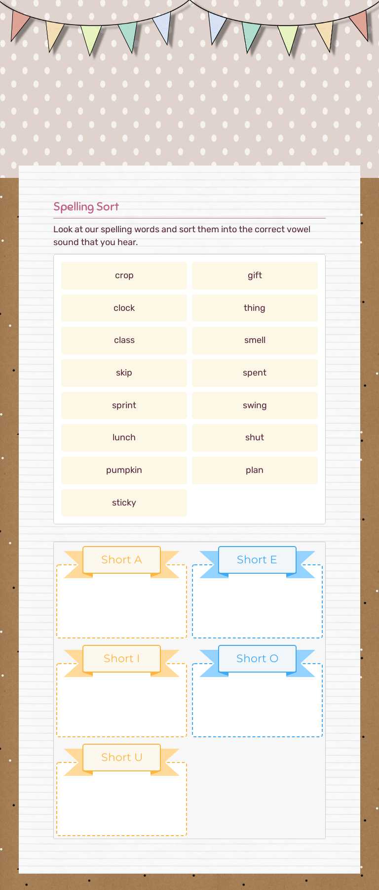 Short Vowel Spelling Sort Grade 3 worksheet preview