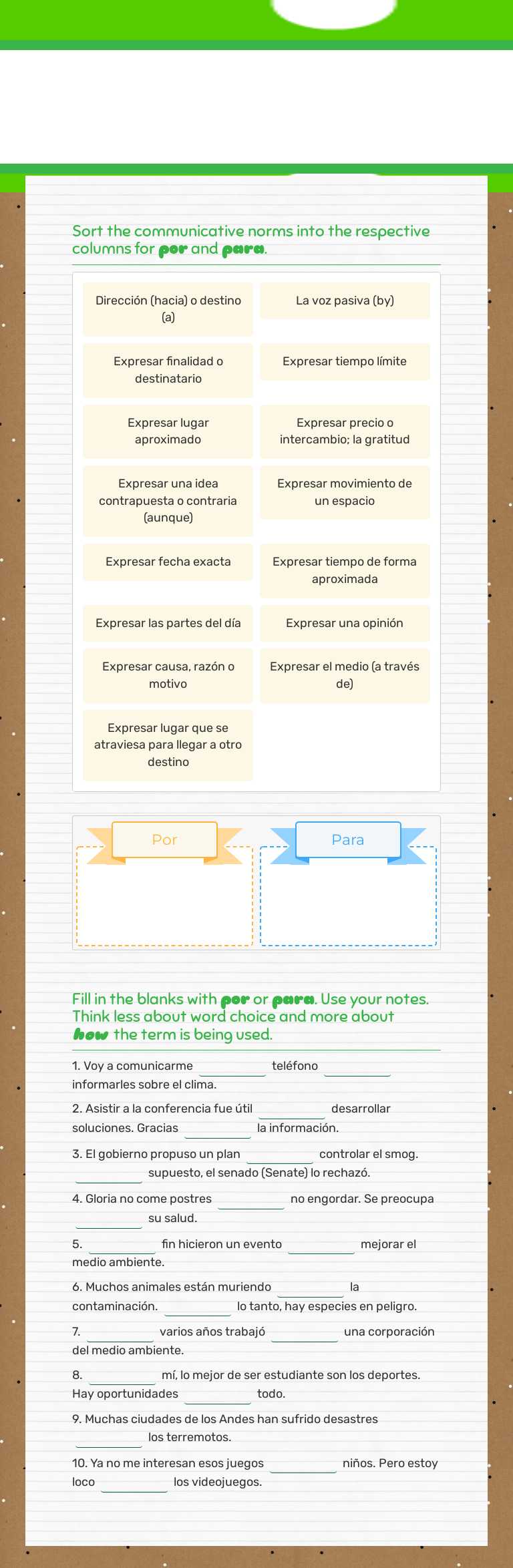 Por vs. Para worksheet preview image