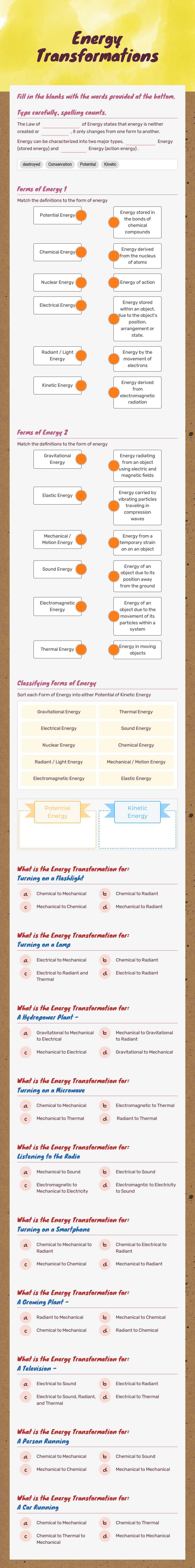 Energy Transformations worksheet preview image