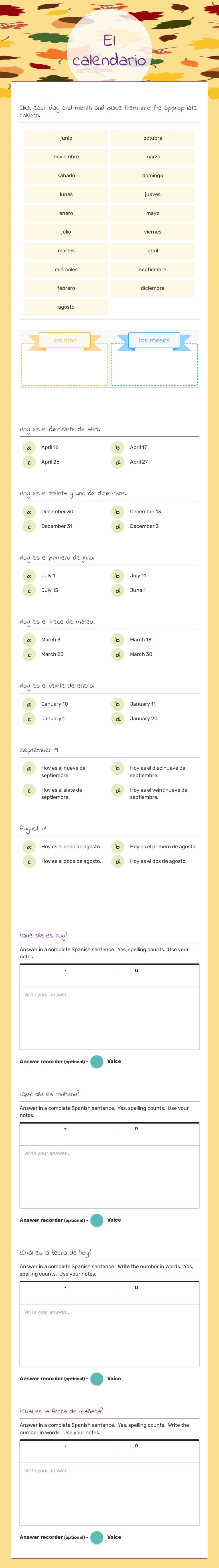 El calendario Grade 8 worksheet preview