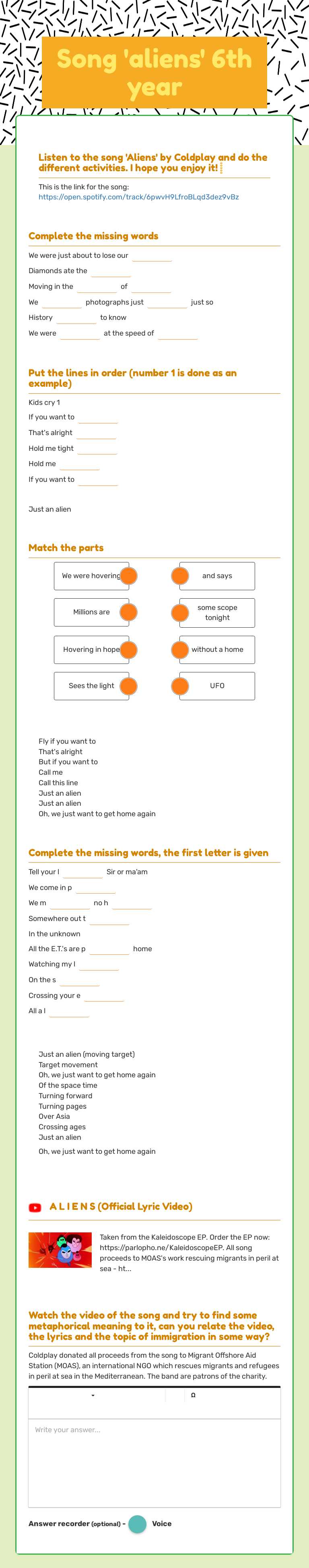Song 'aliens'    
     6th year worksheet preview image