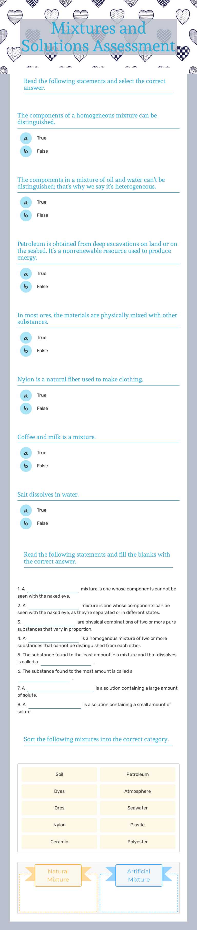 Mixtures and Solutions Assessment worksheet preview image