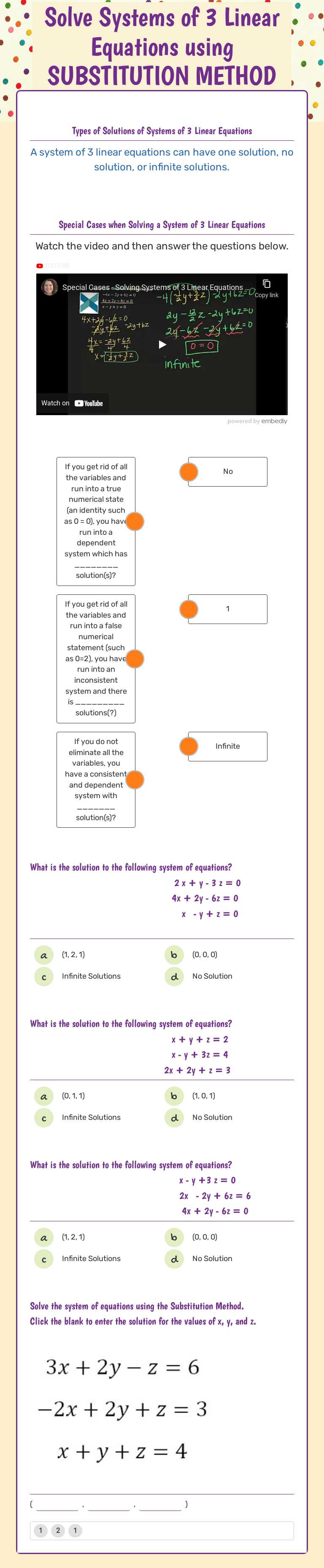 Solve Systems of 3 Linear Equations using SUBSTITUTION METHOD (Part 2) Grade 10 worksheet preview