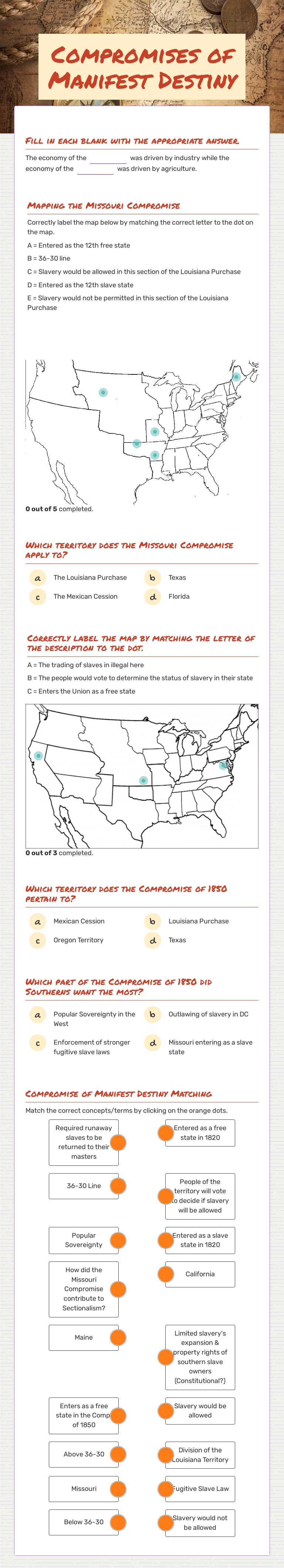 Compromises of Manifest Destiny Grade 10 worksheet preview
