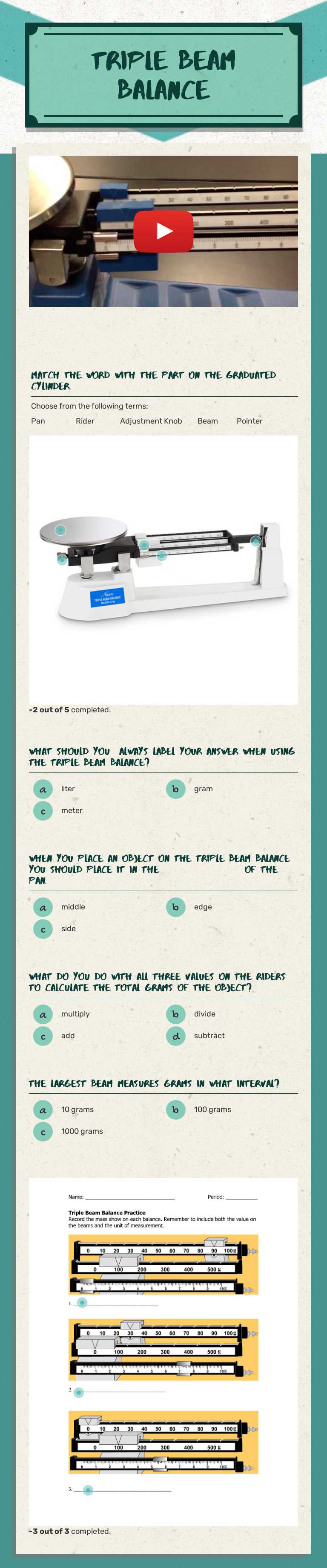 Triple Beam Balance Grade 8 worksheet preview