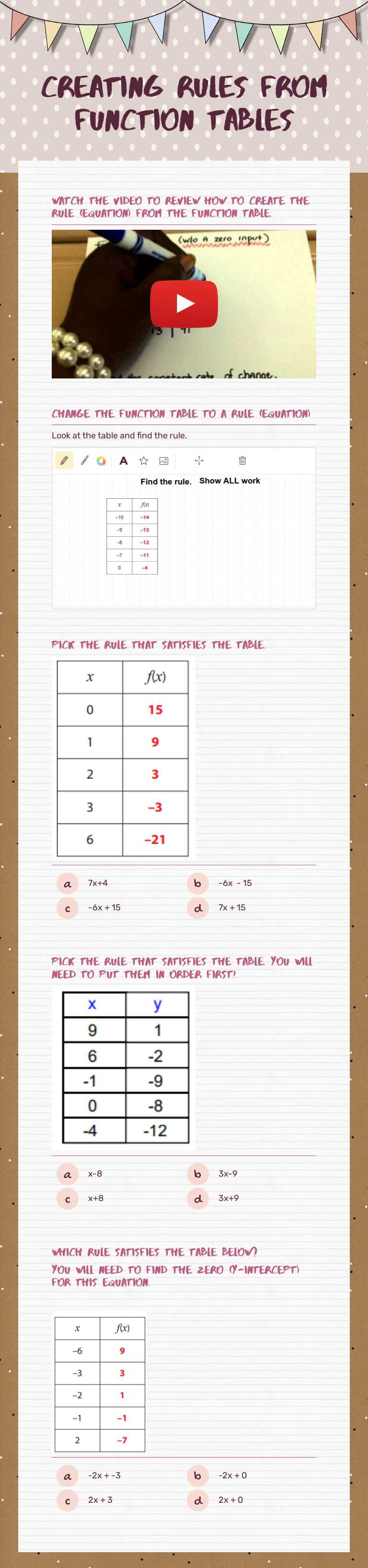 Creating Rules from Function Tables worksheet preview image