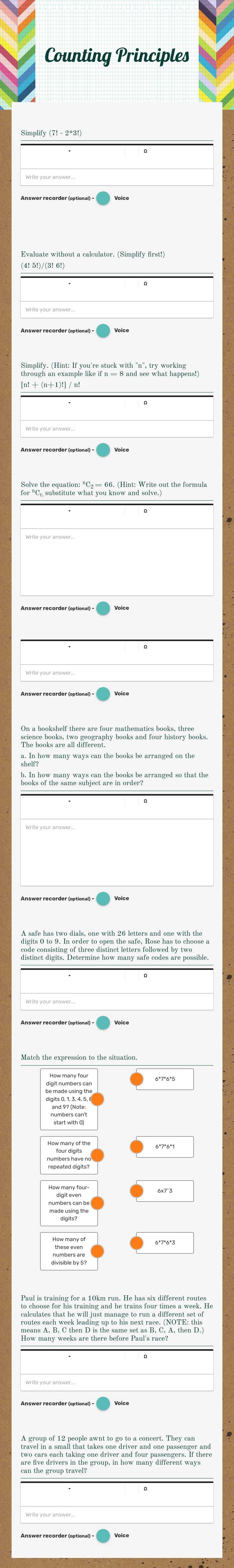 Counting Principles worksheet preview image