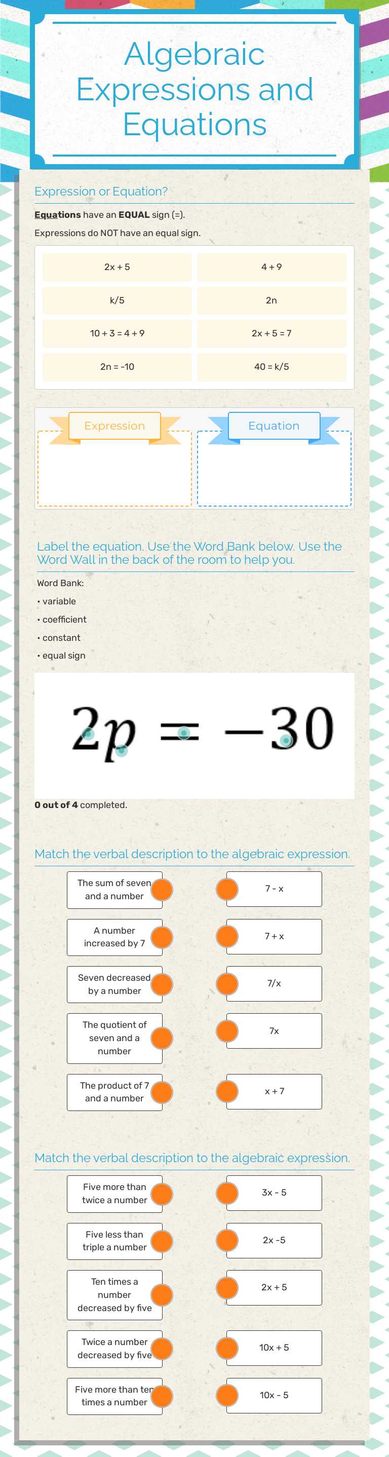 Algebraic Expressions and Equations Grade 6 worksheet preview
