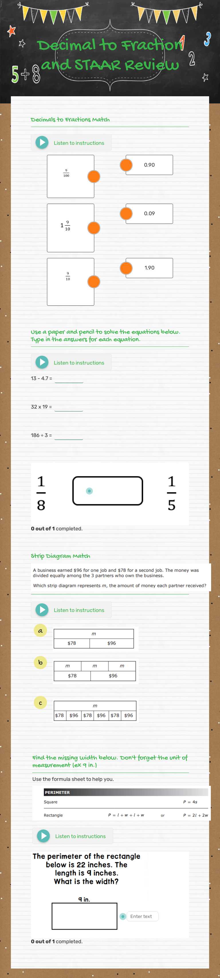 Decimal to Fraction and STAAR Review worksheet preview image