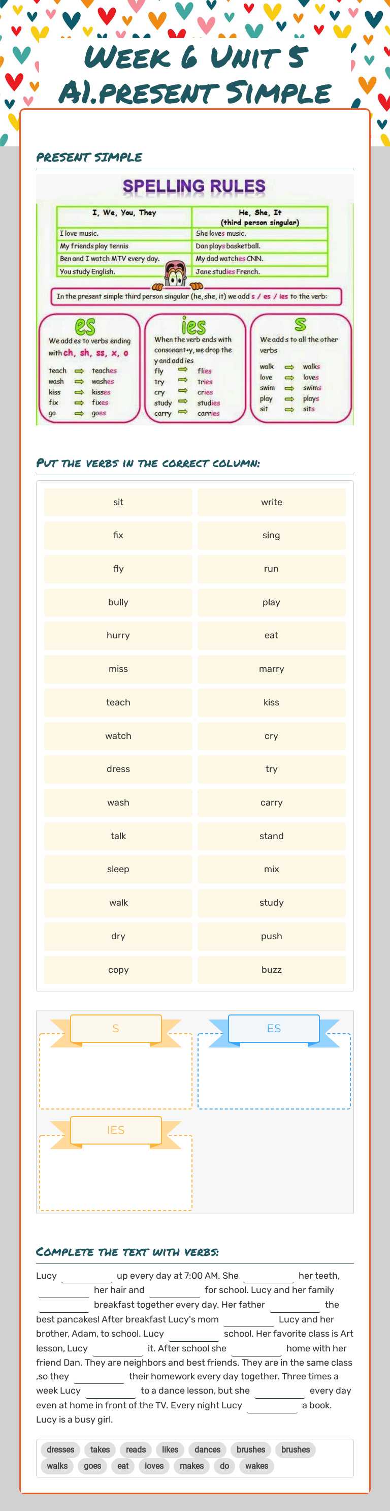 Week 6 Unit 5 A1.present Simple worksheet preview image