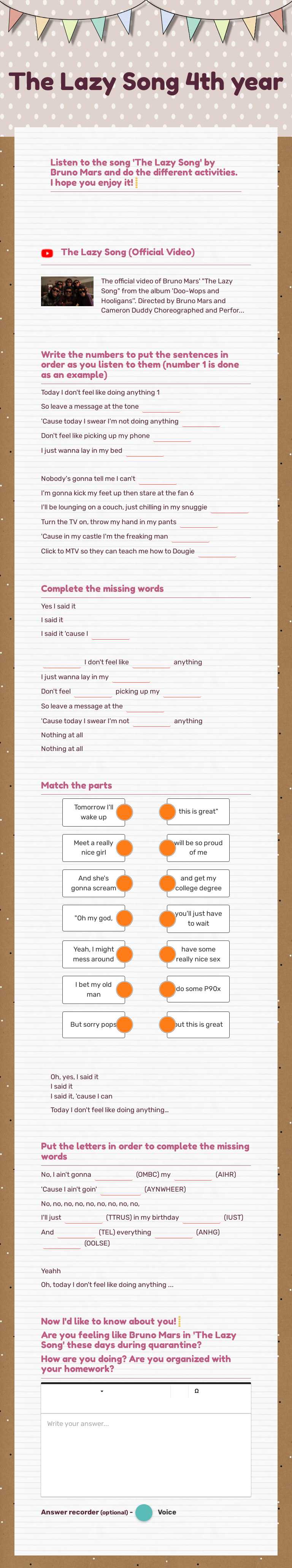 The Lazy Song 
4th year worksheet preview image