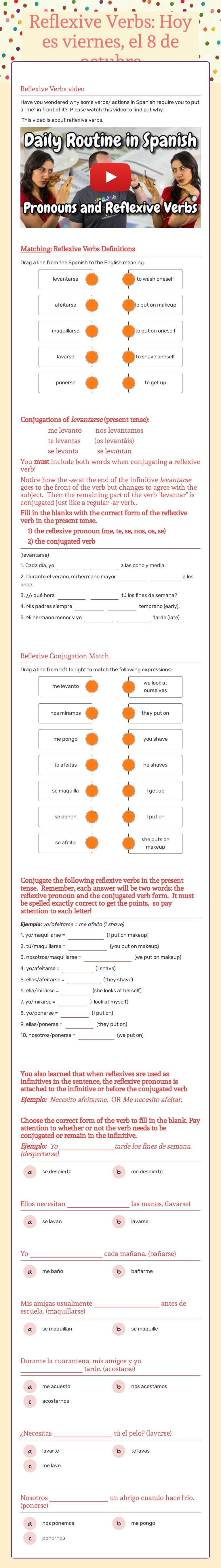 Reflexive Verbs:                            Hoy es viernes, el 8 de octubre worksheet preview image