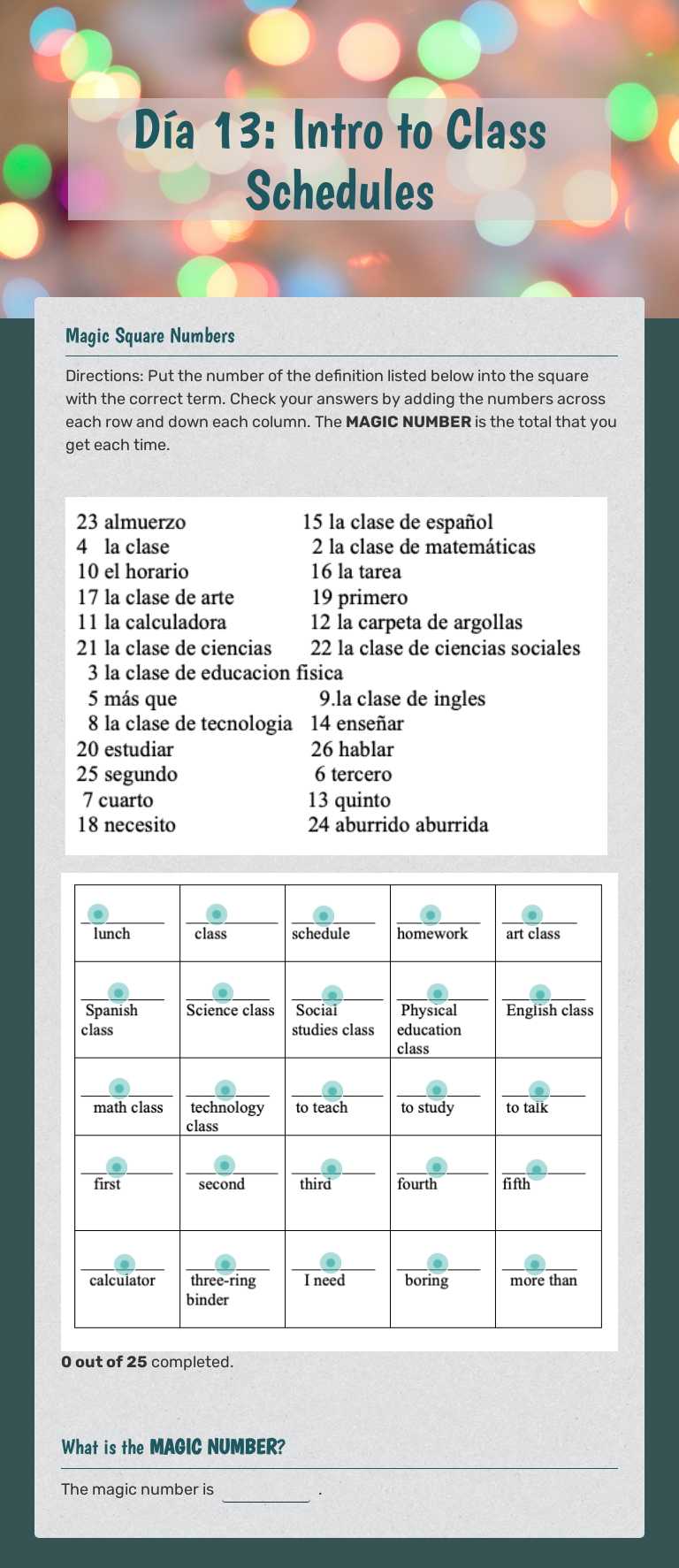 Día 13: Intro to Class Schedules worksheet preview image