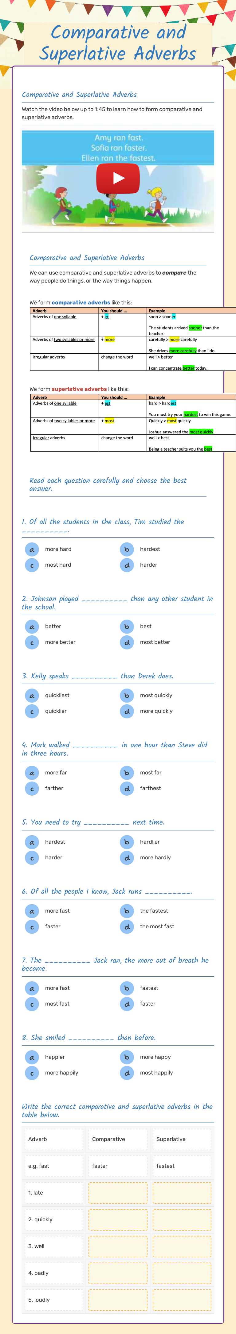 Comparative and Superlative Adverbs Grade 9 worksheet preview